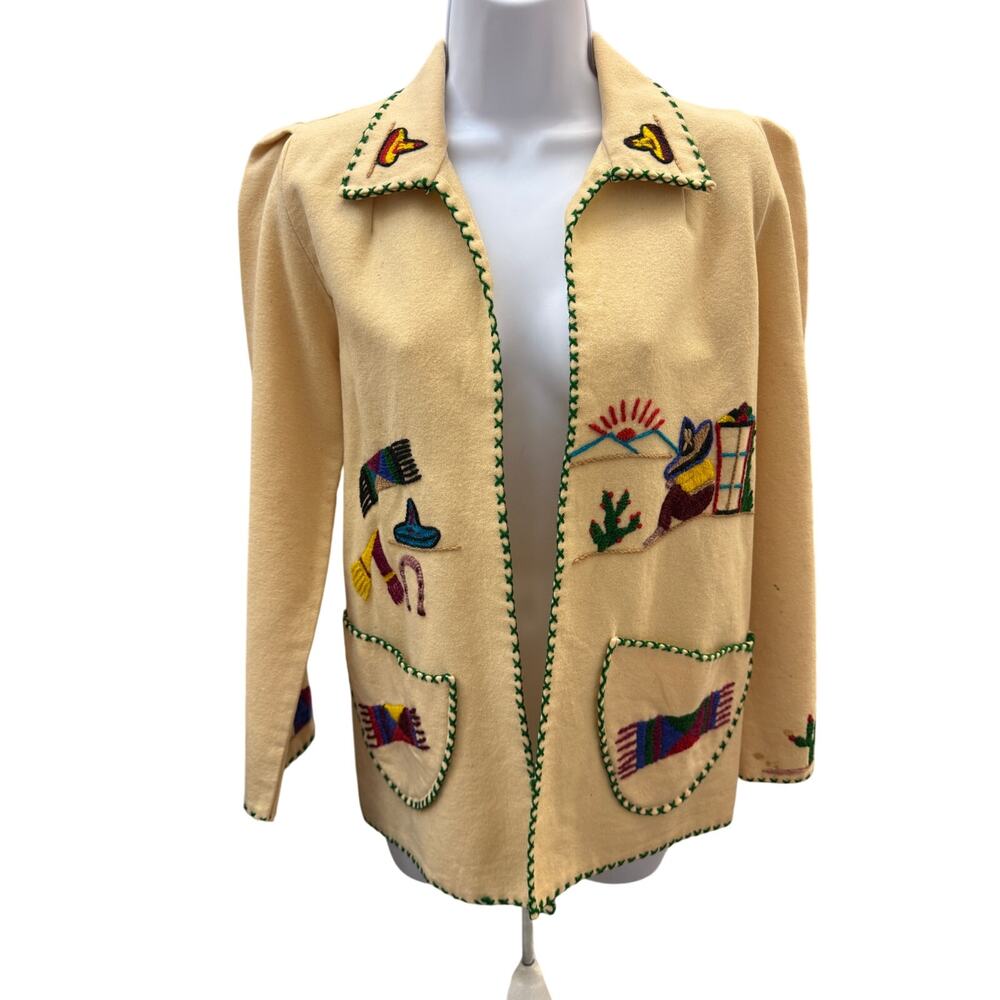 🧥 Vintage Lopez M Wool Jacket Cream Southwestern Embroidered Western Boho Coat